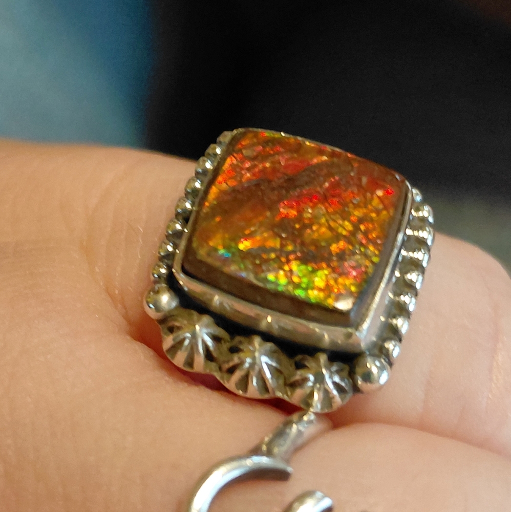 Fiery Ammolite Sterling Silver Ring Size 6 - Picture 5 of 13